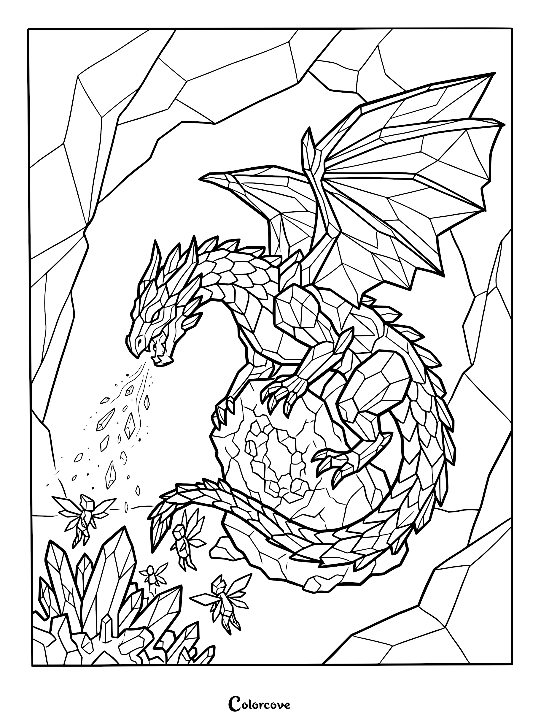 Geometric crystal dragon breathing shards at small winged fairies in a cavern, printable coloring page.