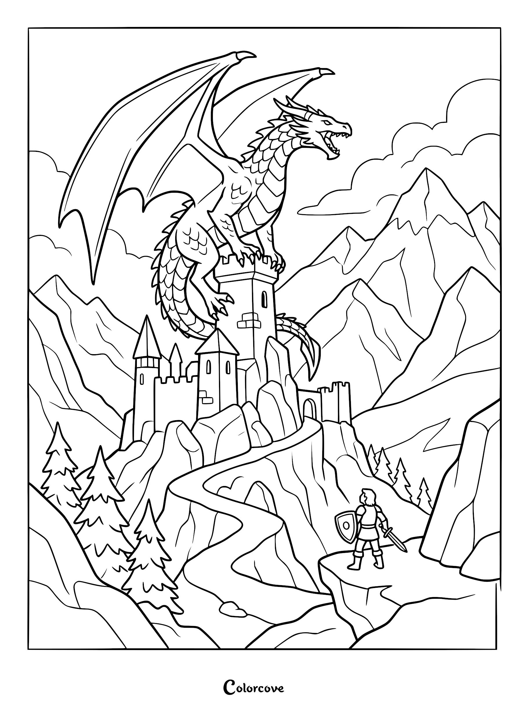 A knight with a sword and shield facing a large dragon perched on a castle tower in this printable coloring page.