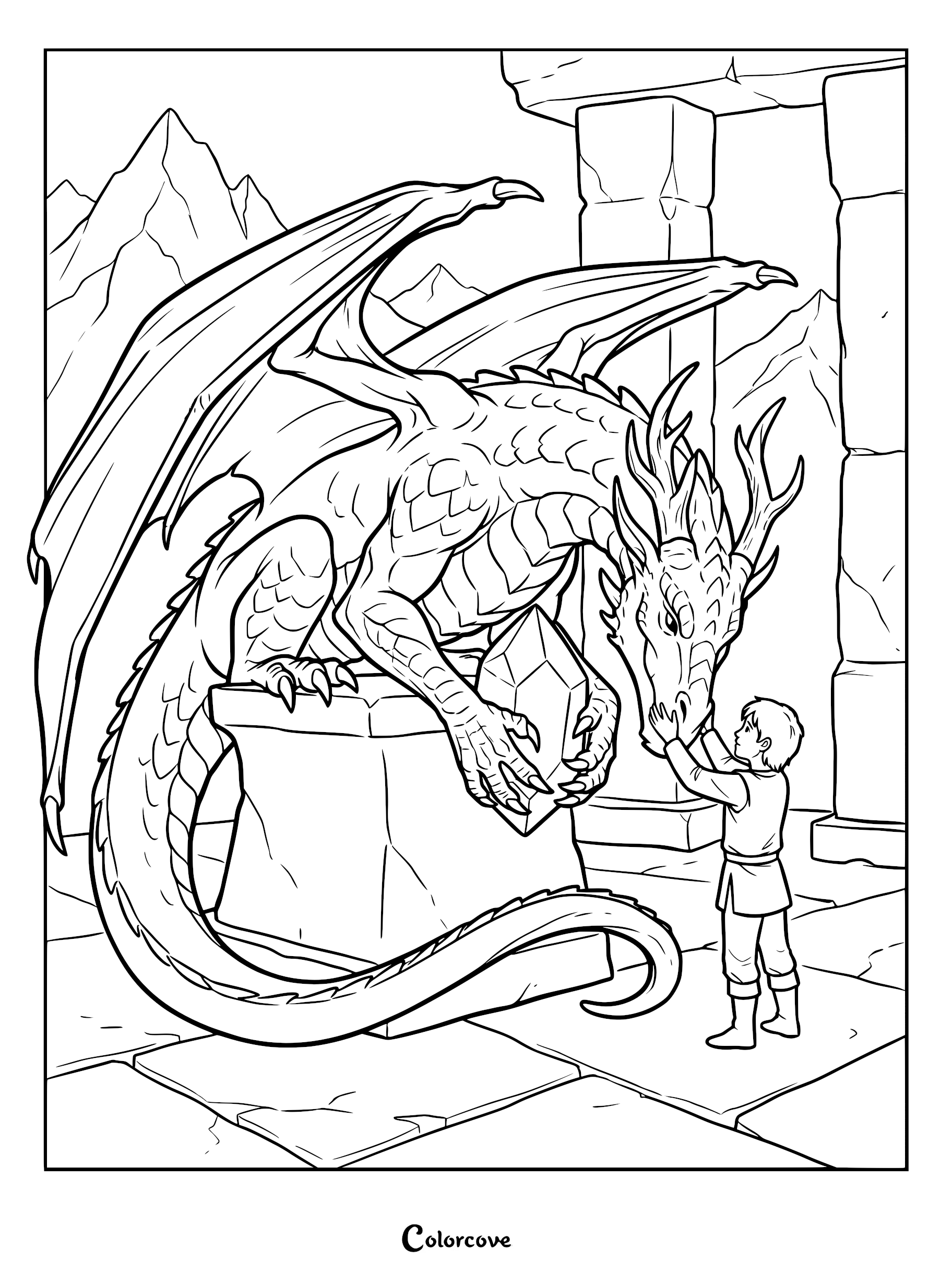 A boy gently touching the snout of a large dragon holding a crystal in this printable dragon coloring page.