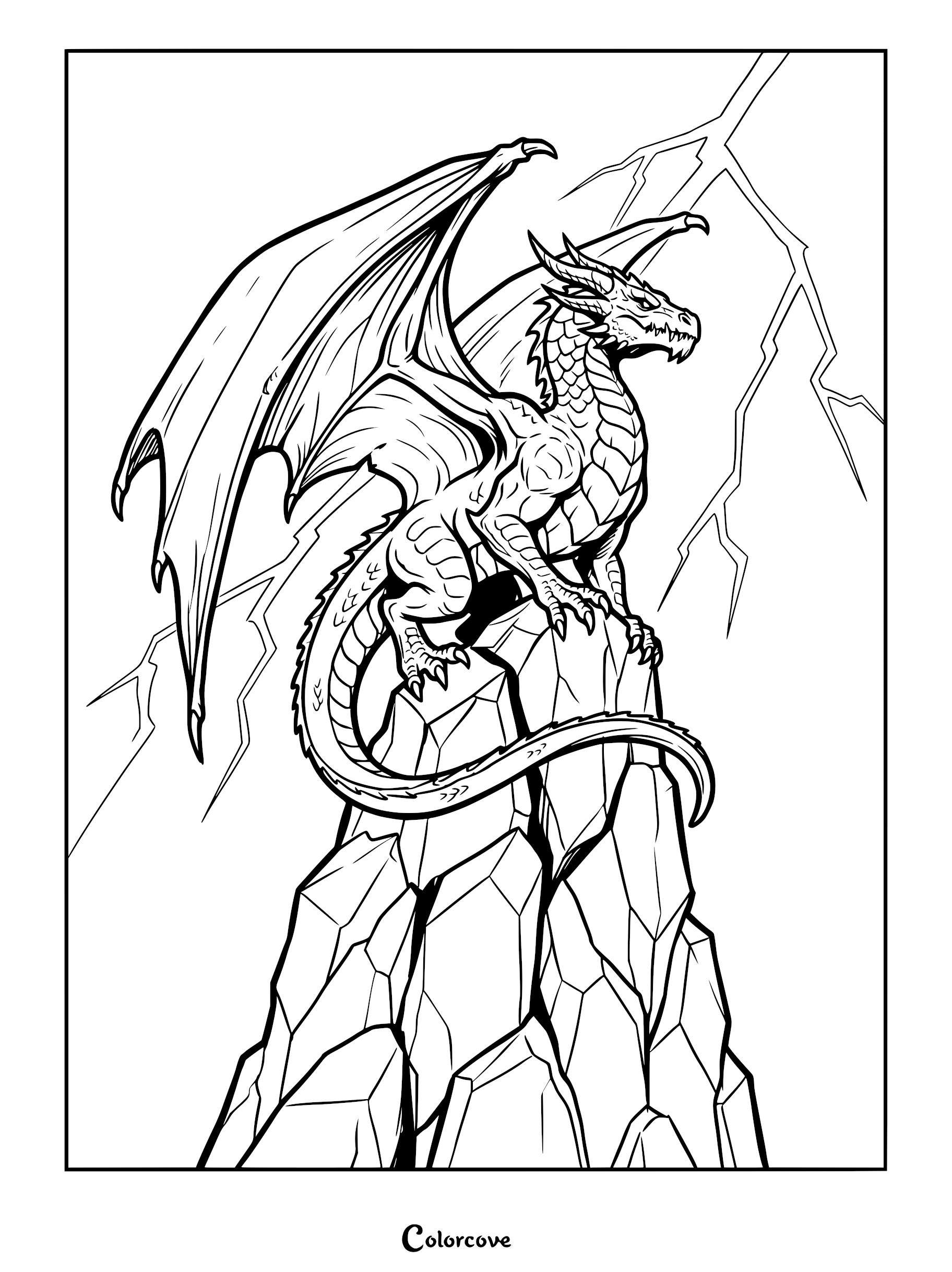 A majestic dragon perched on a jagged mountain peak during a lightning storm, printable coloring page.