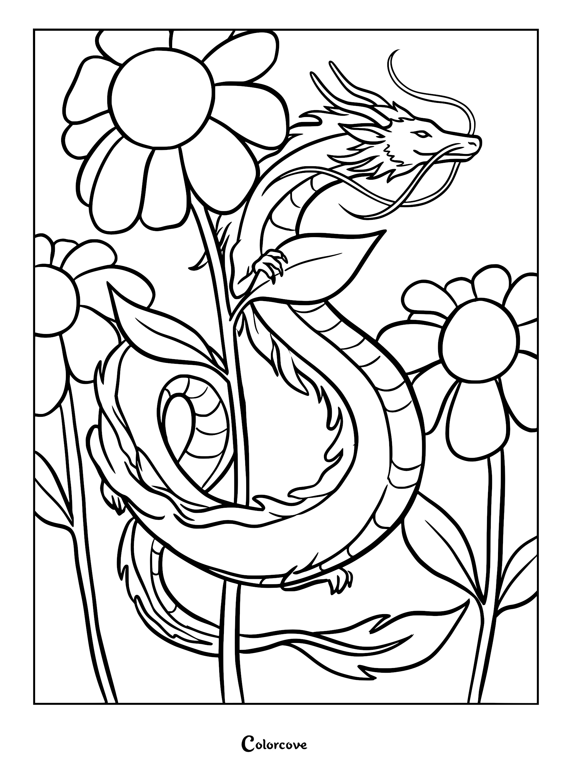 A long, slender dragon winding around a large flower in this printable coloring page.