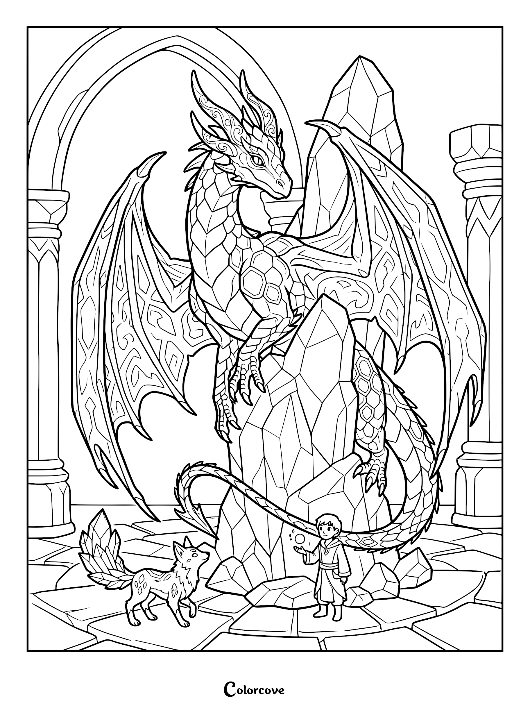 A detailed dragon coloring page featuring a majestic dragon perched on a large crystal with a small boy and a fox companion in a stone archway.