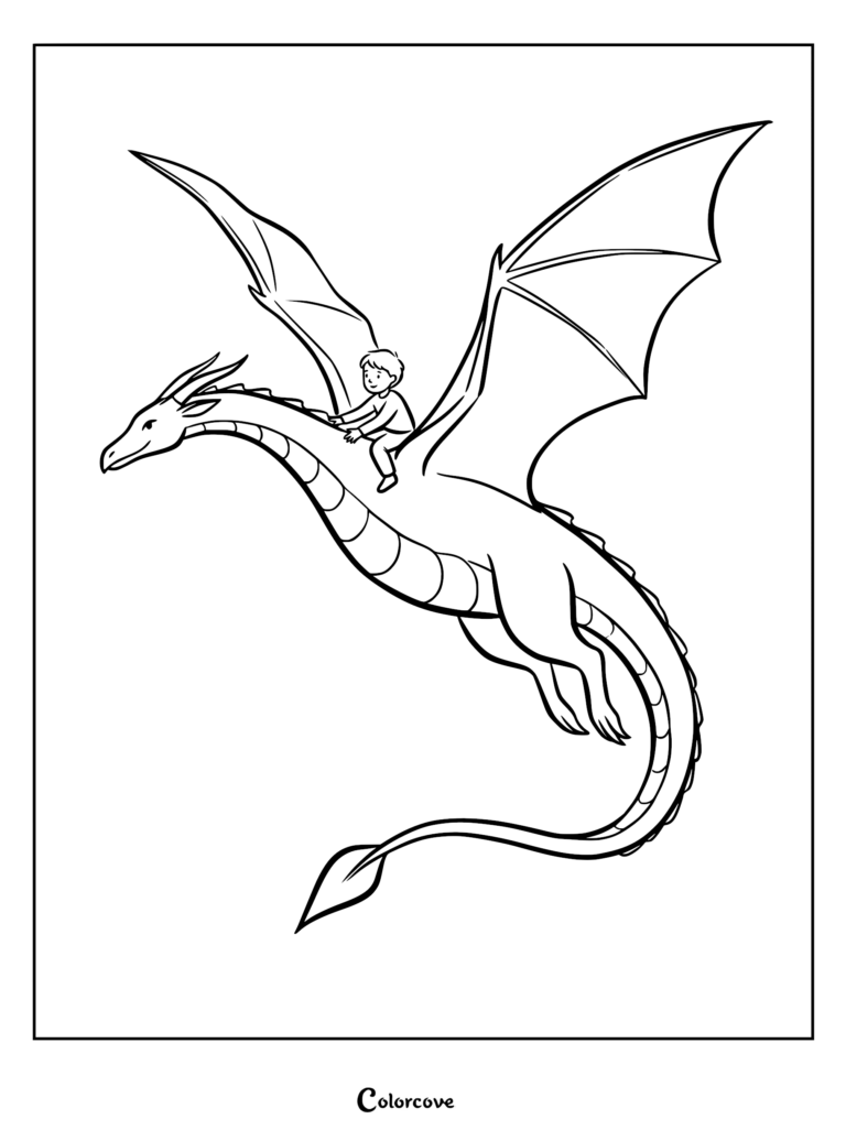 A young boy riding on the back of a flying dragon in this printable coloring page.