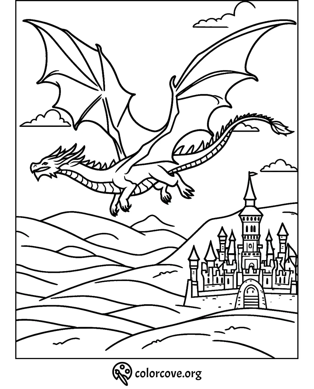 Flying dragon coloring page with a medieval castle on rolling hills. Download and print free coloring sheets at colorcove.org.