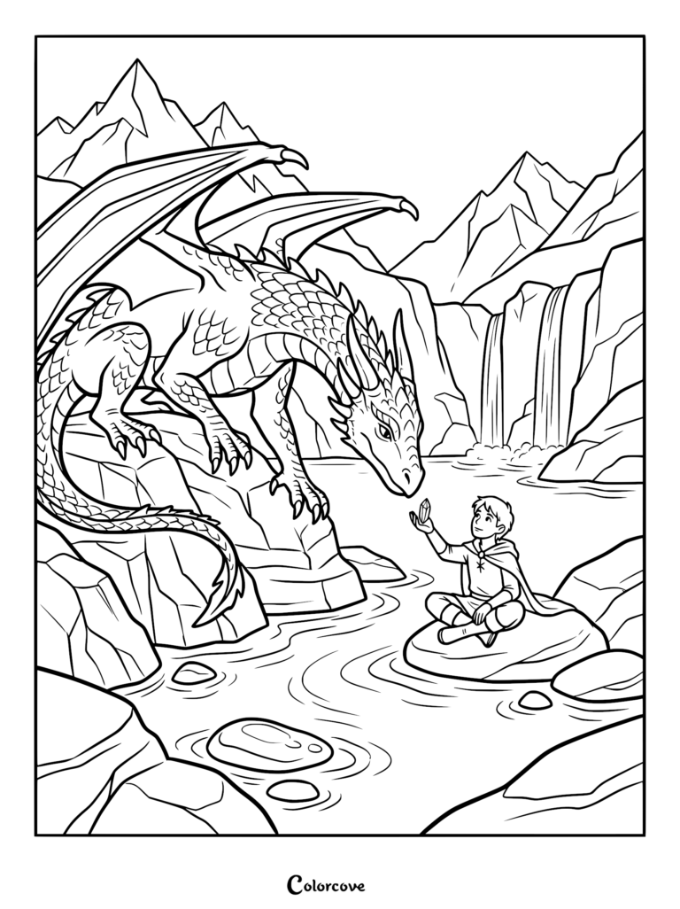 A boy sitting on a rock by a waterfall offering a crystal to a large dragon in this printable coloring page.