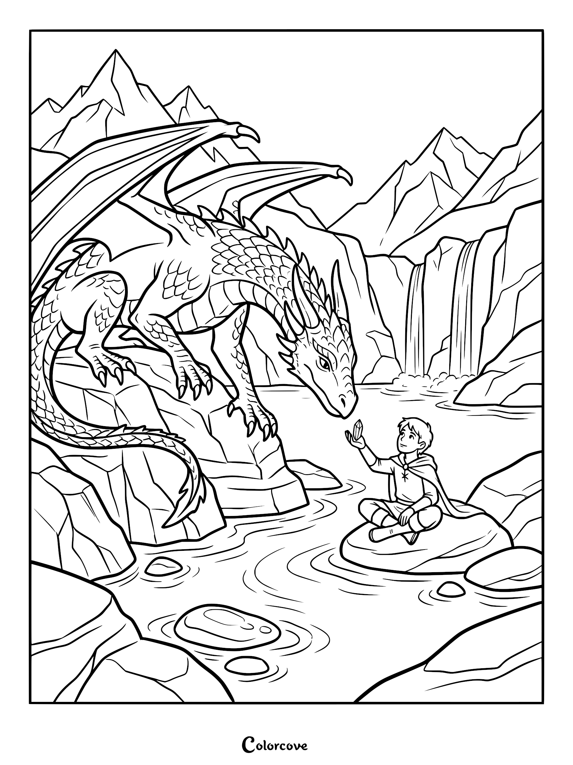 A boy sitting on a rock by a waterfall offering a crystal to a large dragon in this printable coloring page.
