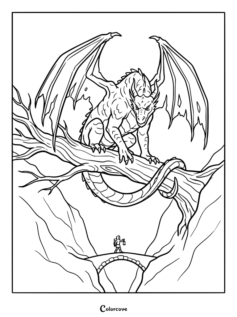 A fierce dragon perched on a large tree branch looking down at a traveler with a lantern on a stone bridge in this free printable coloring page.