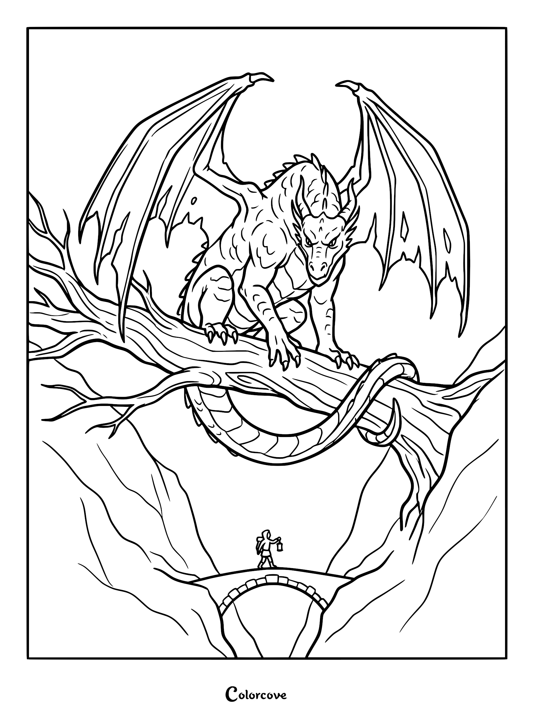 A fierce dragon perched on a large tree branch looking down at a traveler with a lantern on a stone bridge in this free printable coloring page.