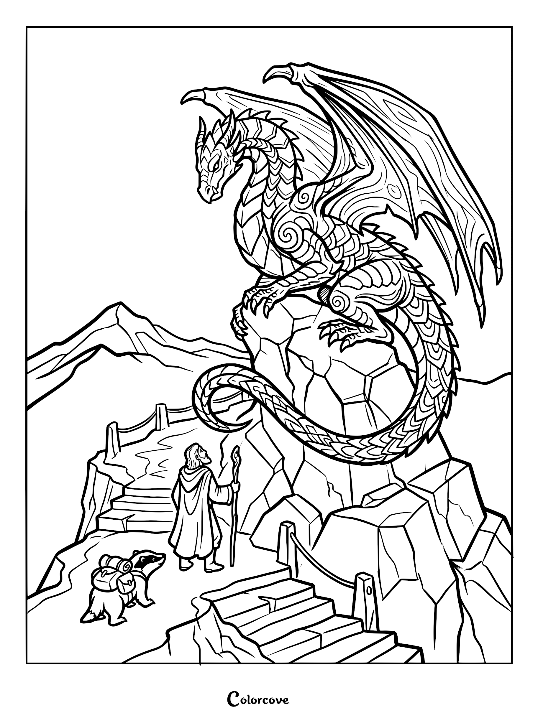 A wizard and a badger with a backpack approach a large dragon perched on a mountain peak in this printable coloring page.