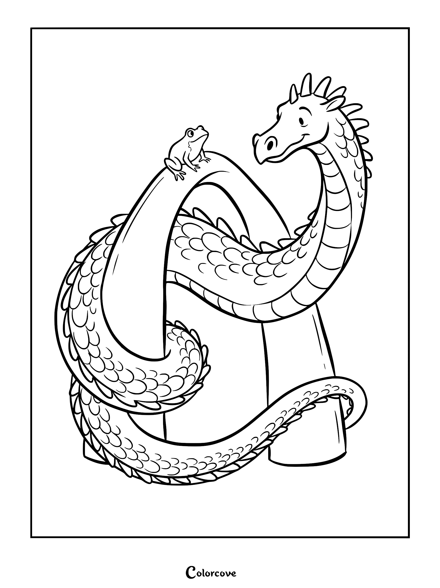 A friendly dragon curled around a stone pillar with a small frog sitting on its back in this printable coloring page.
