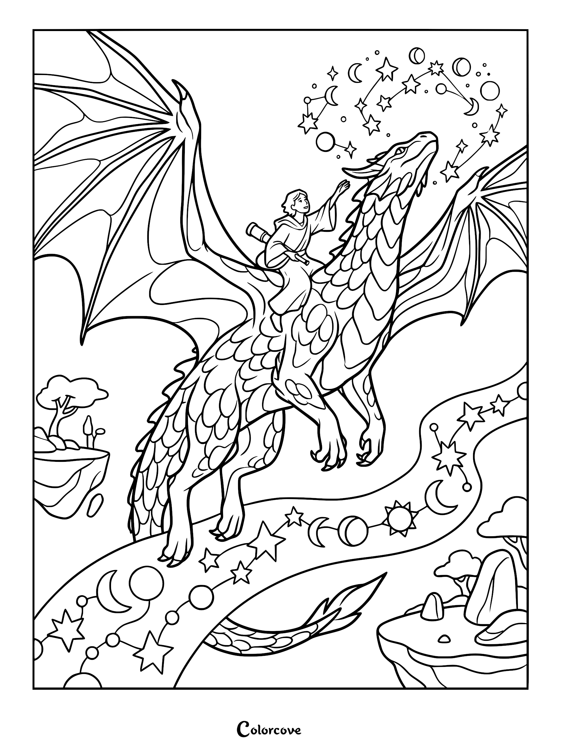 A young rider sitting on a dragon flying through a celestial path of stars and moons in this printable coloring page.