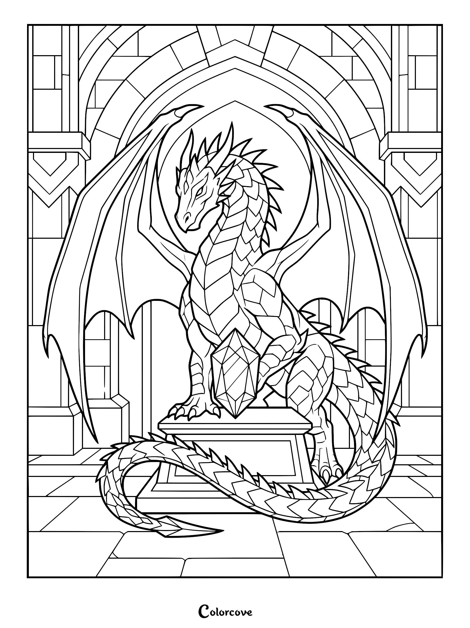 A majestic dragon perched on a stone pedestal holding a crystal in a gothic archway, detailed line art coloring page.