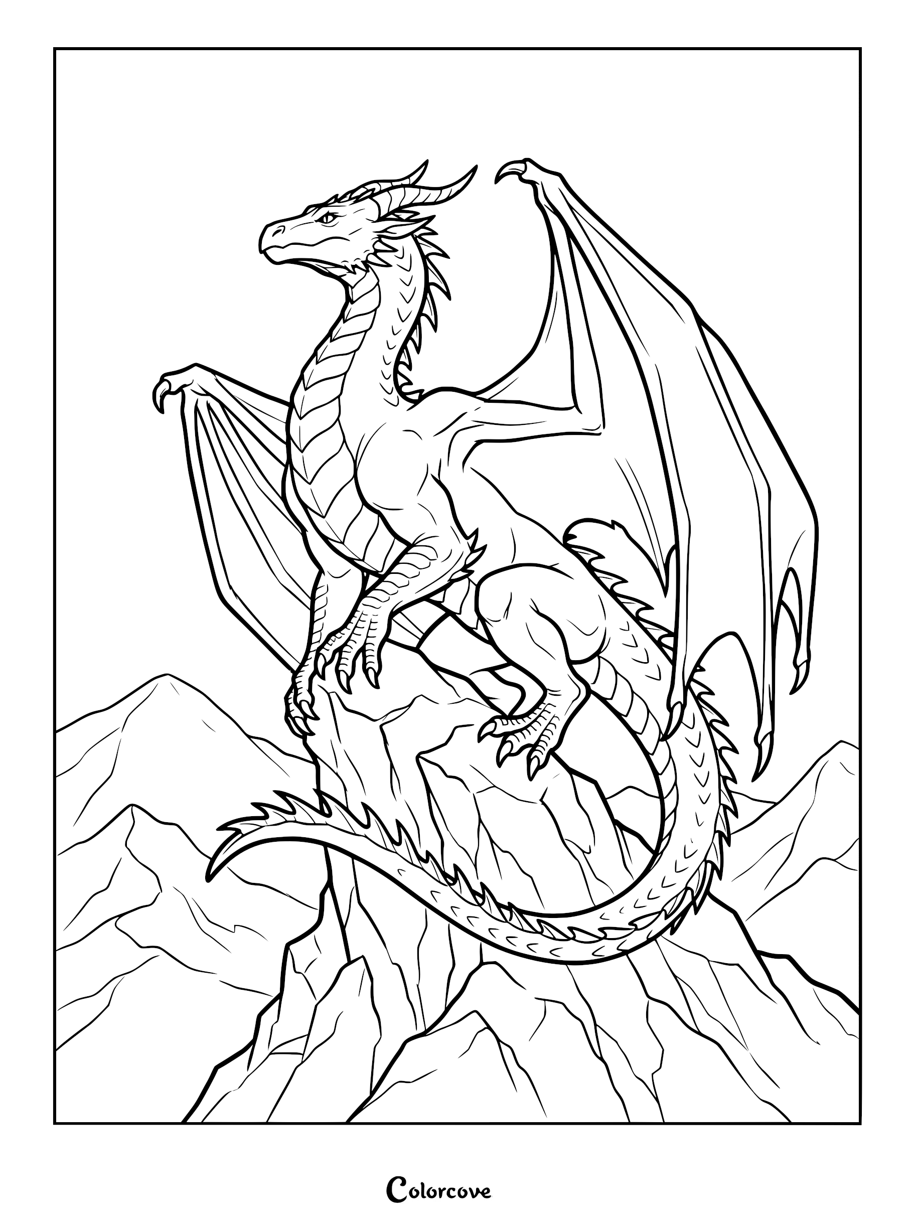 A majestic dragon perched on a jagged mountain peak in this free printable coloring page.