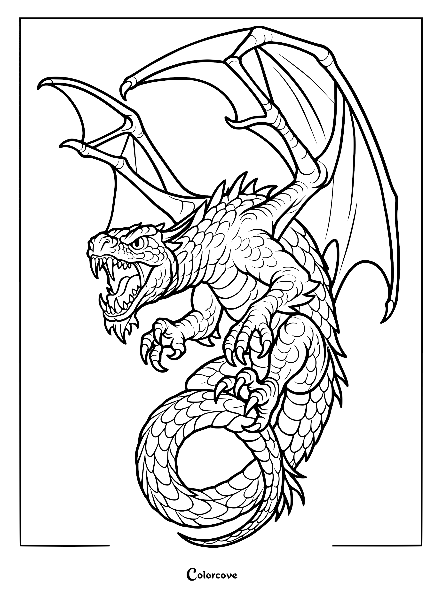 A detailed coloring page of a fierce dragon with sharp teeth, large wings, and a coiled tail.