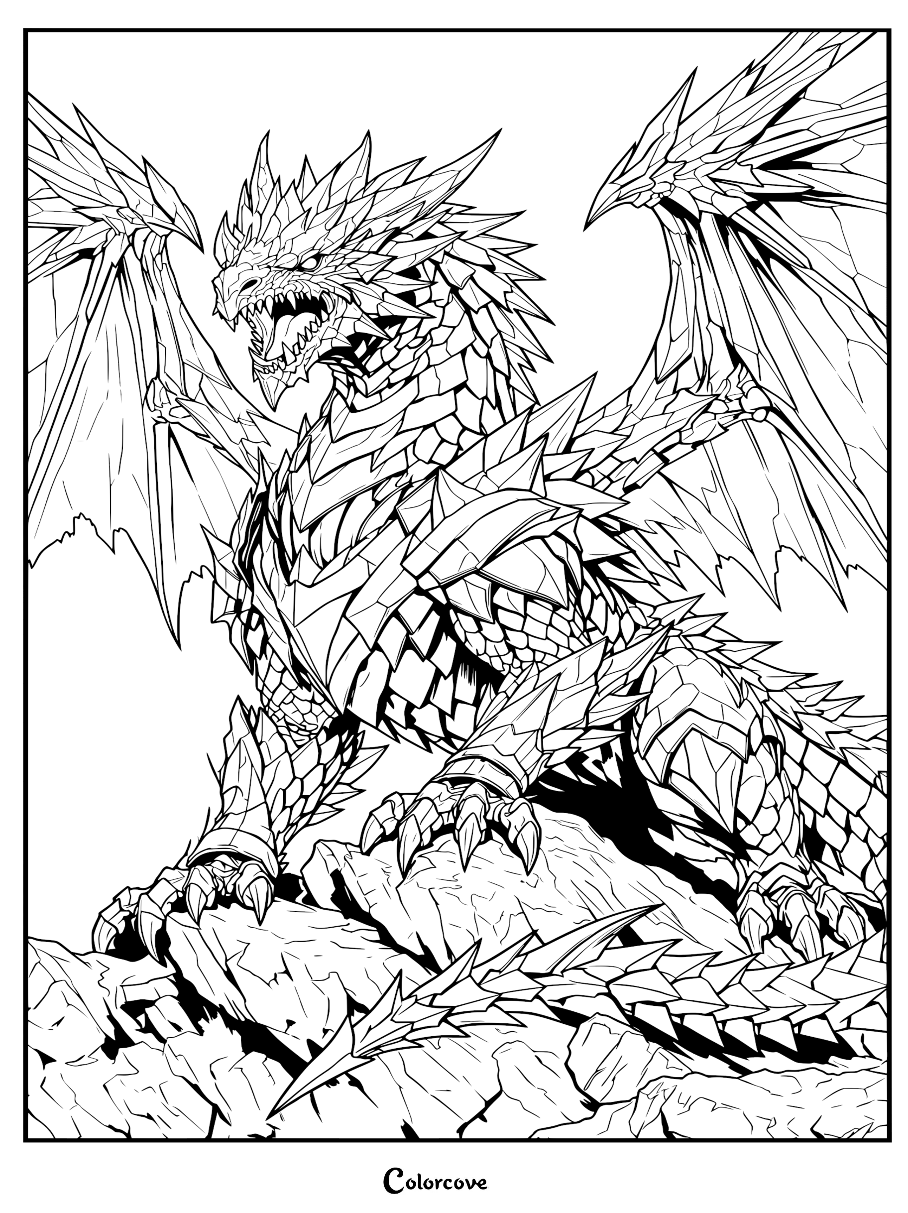 A fierce crystal spiked dragon roaring while perched on a jagged rock formation in this detailed coloring page.