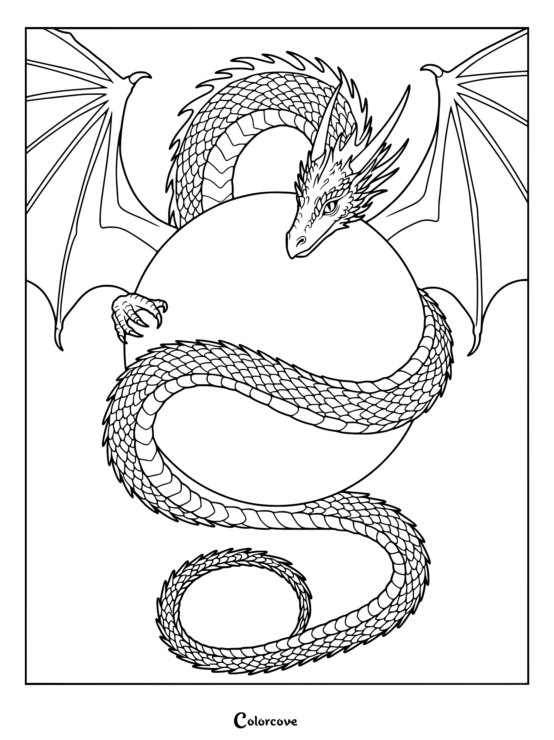 A detailed dragon with large wings coiled around a glowing crystal sphere in this printable coloring page.