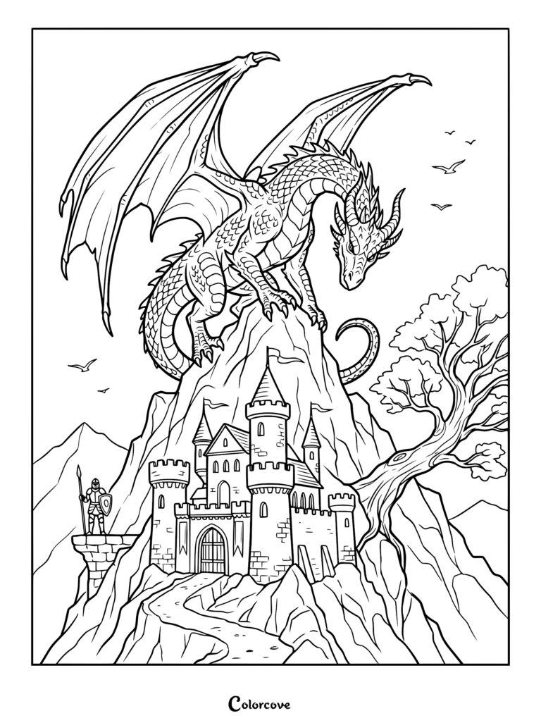 A majestic dragon perched on a mountain peak above a medieval castle with a knight standing guard in this printable coloring page.