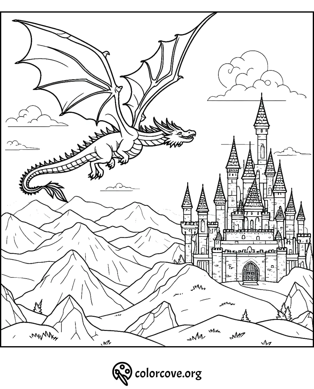 Fantasy dragon flying over castle in mountains coloring page for kids. Printable fairy tale scene to color - colorcove.org.