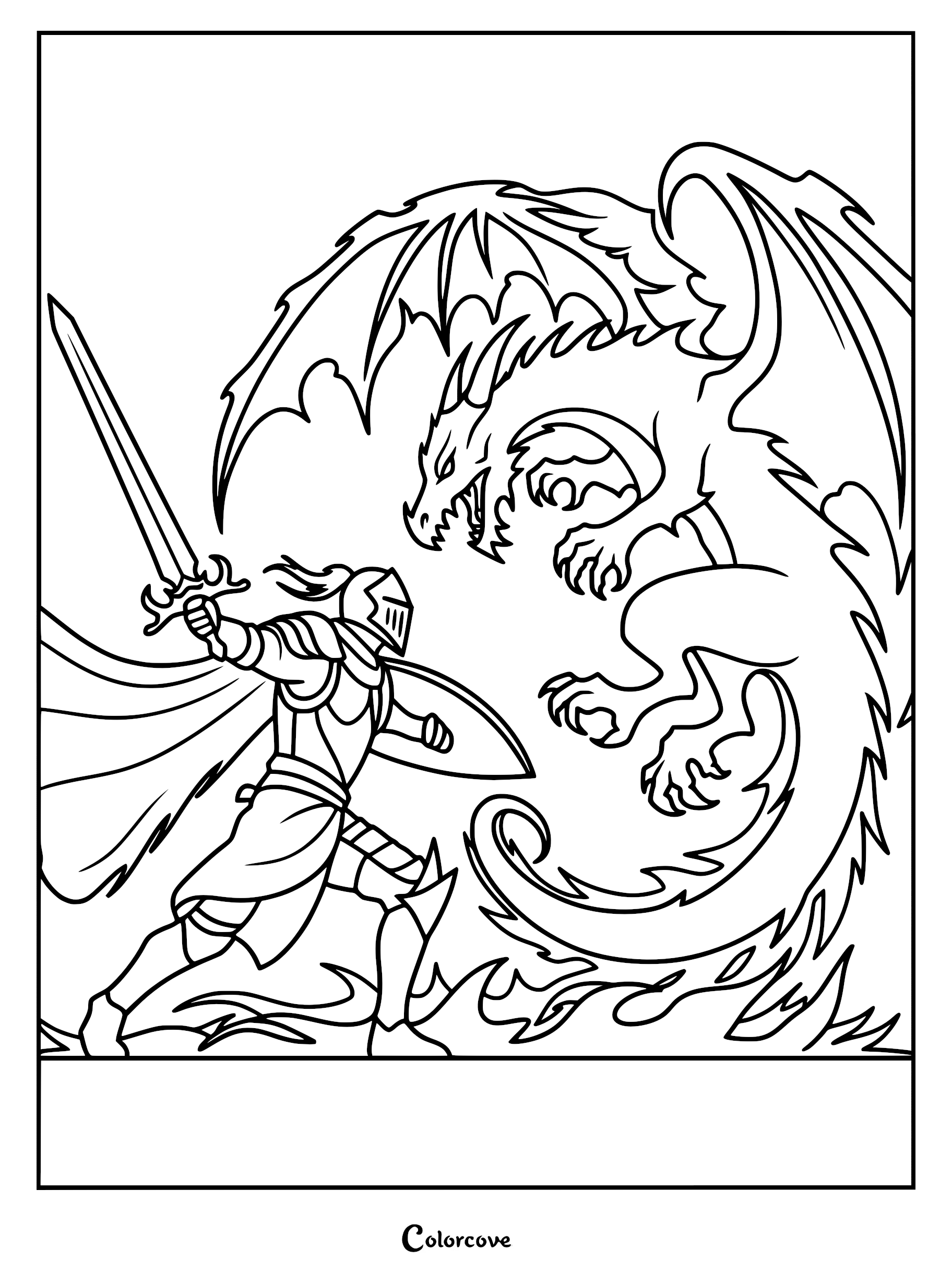 A knight in armor holding a sword and shield facing a winged dragon in this printable coloring page.