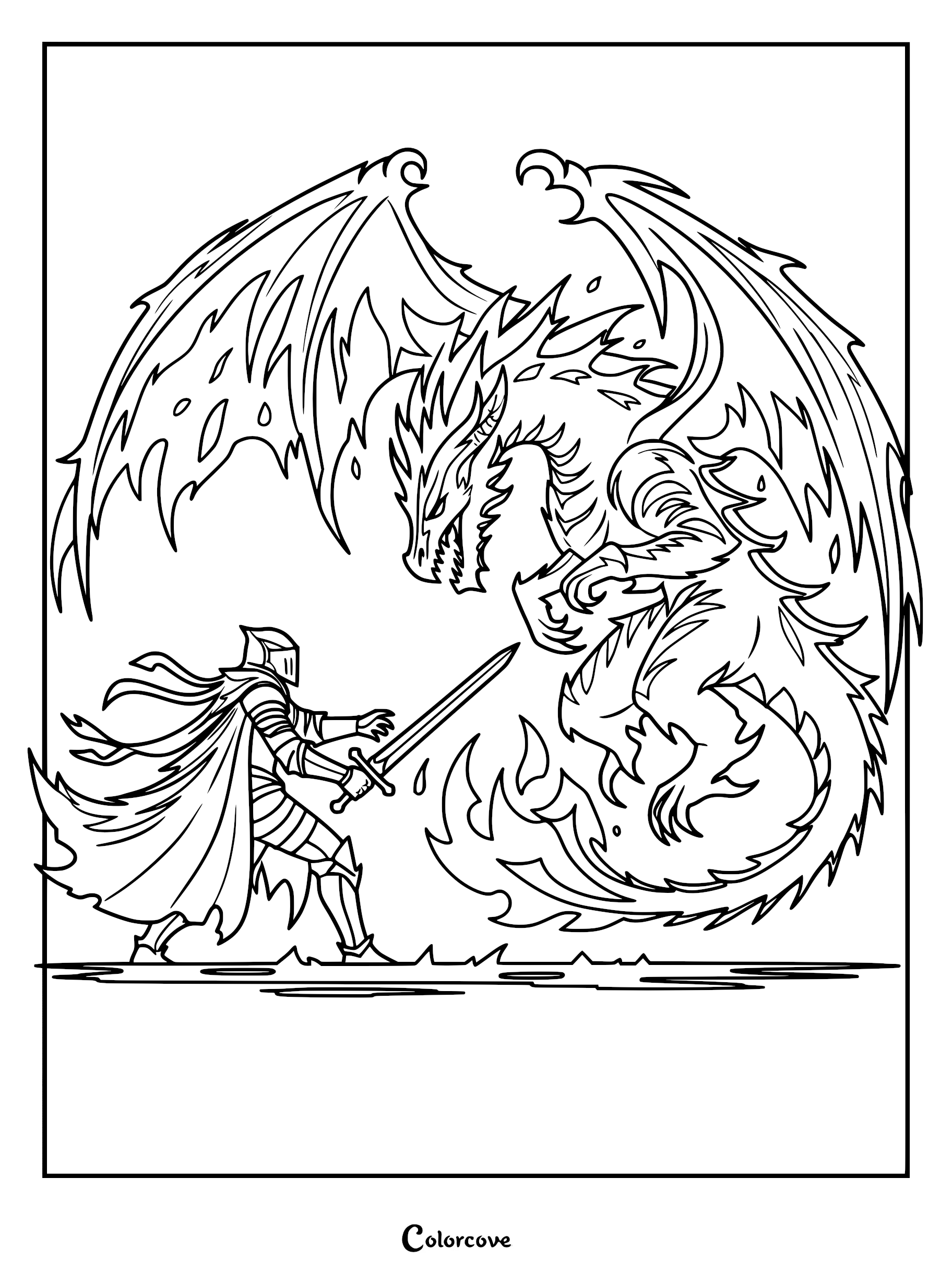 A knight in armor with a flowing cape holding a sword facing a large winged dragon in this printable coloring page.