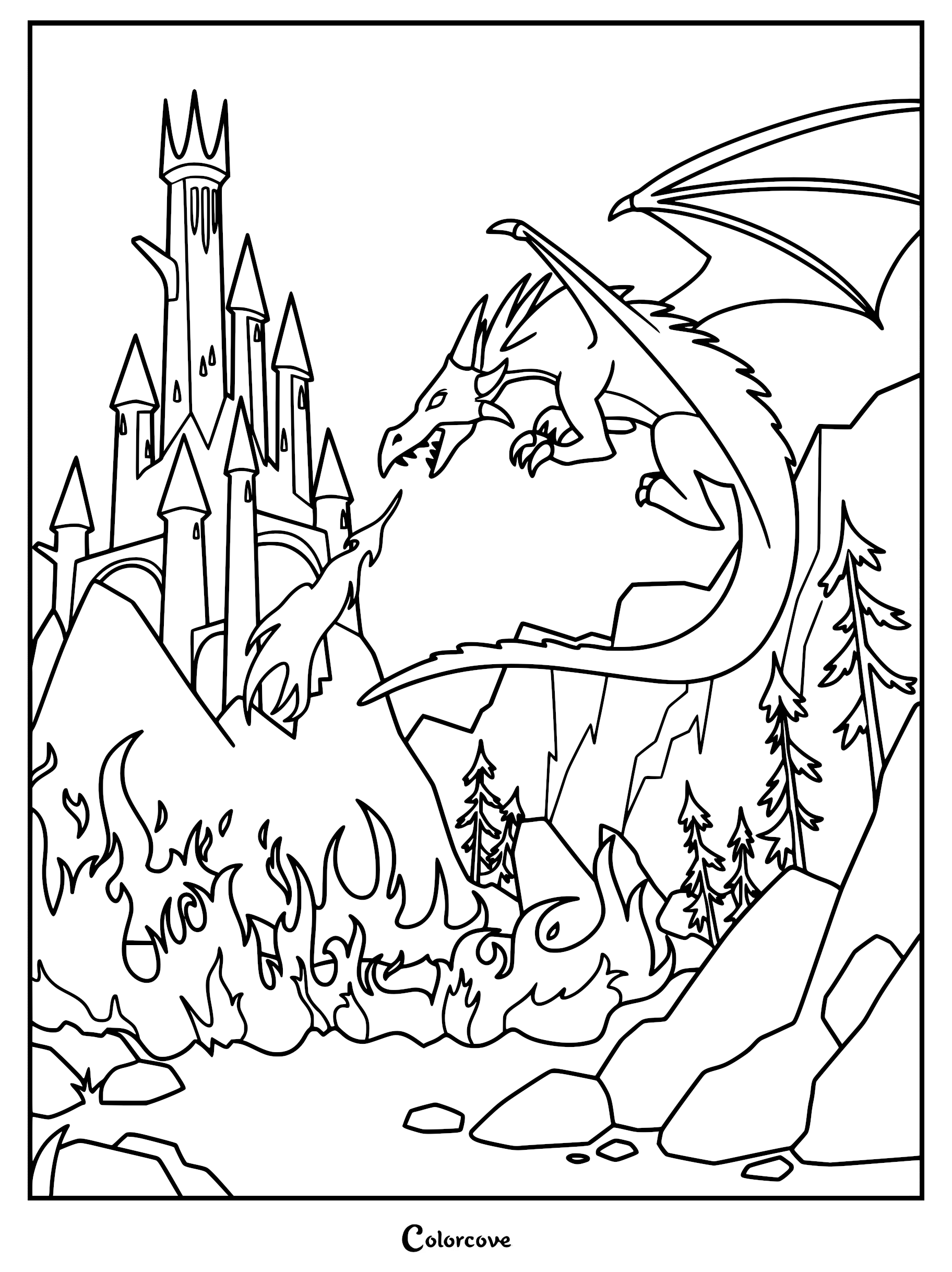 A fierce dragon flying above a burning forest and attacking a tall stone castle in this detailed coloring page.