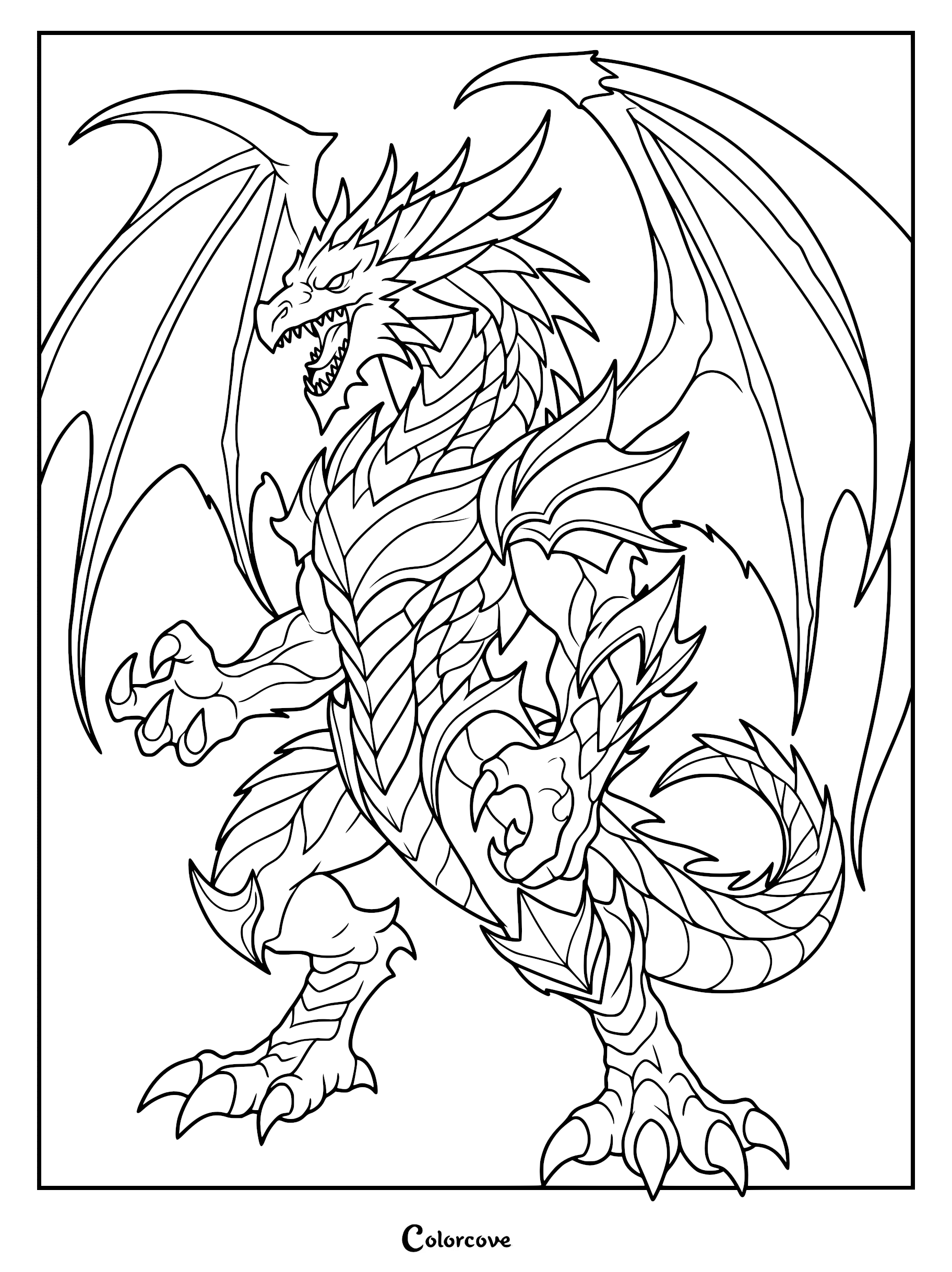 A fierce armored dragon with large wings and sharp claws standing in a defensive pose on this printable coloring page.
