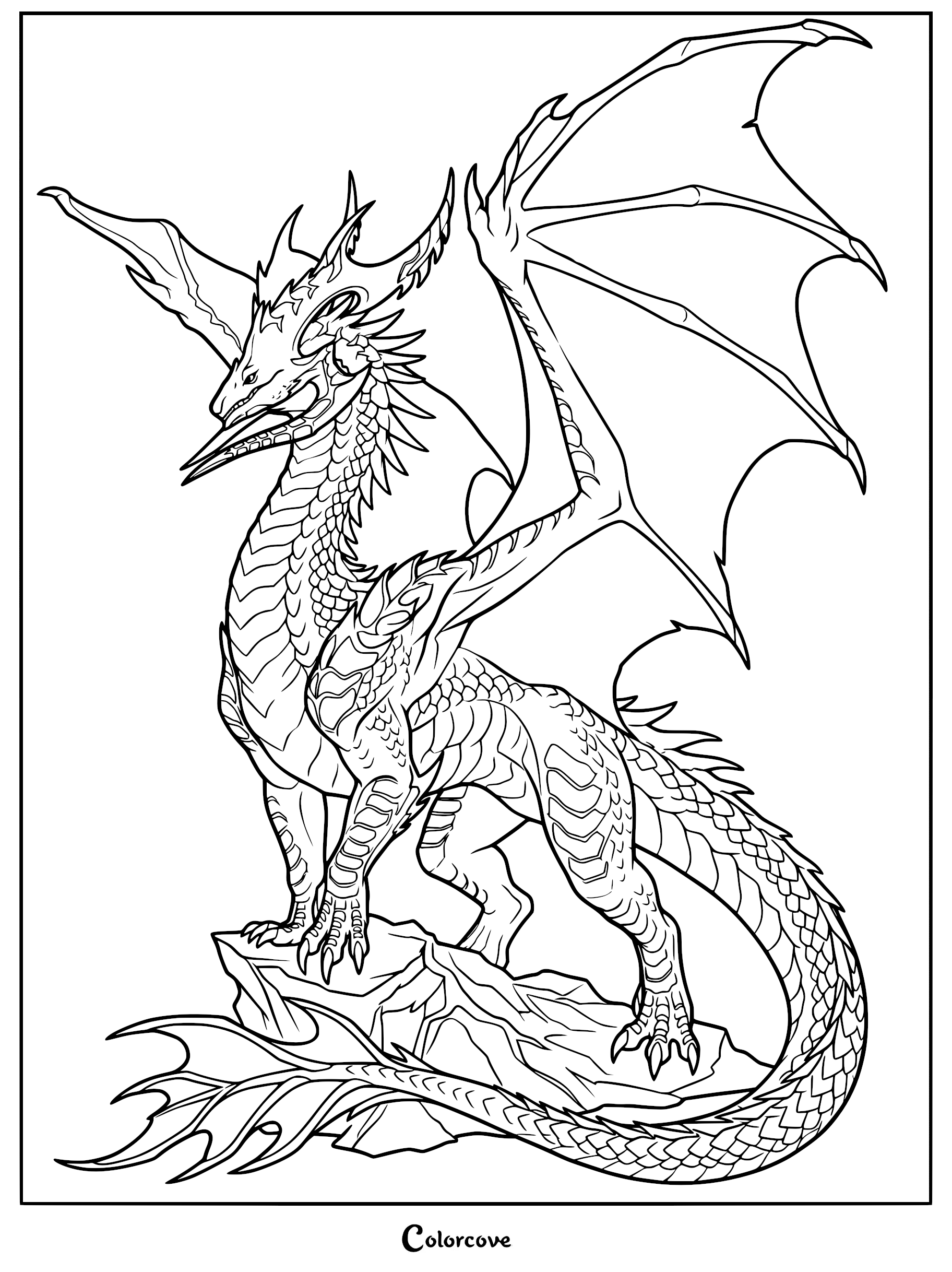 A detailed line art coloring page of a majestic dragon with large wings and intricate scales standing on a rocky outcrop.