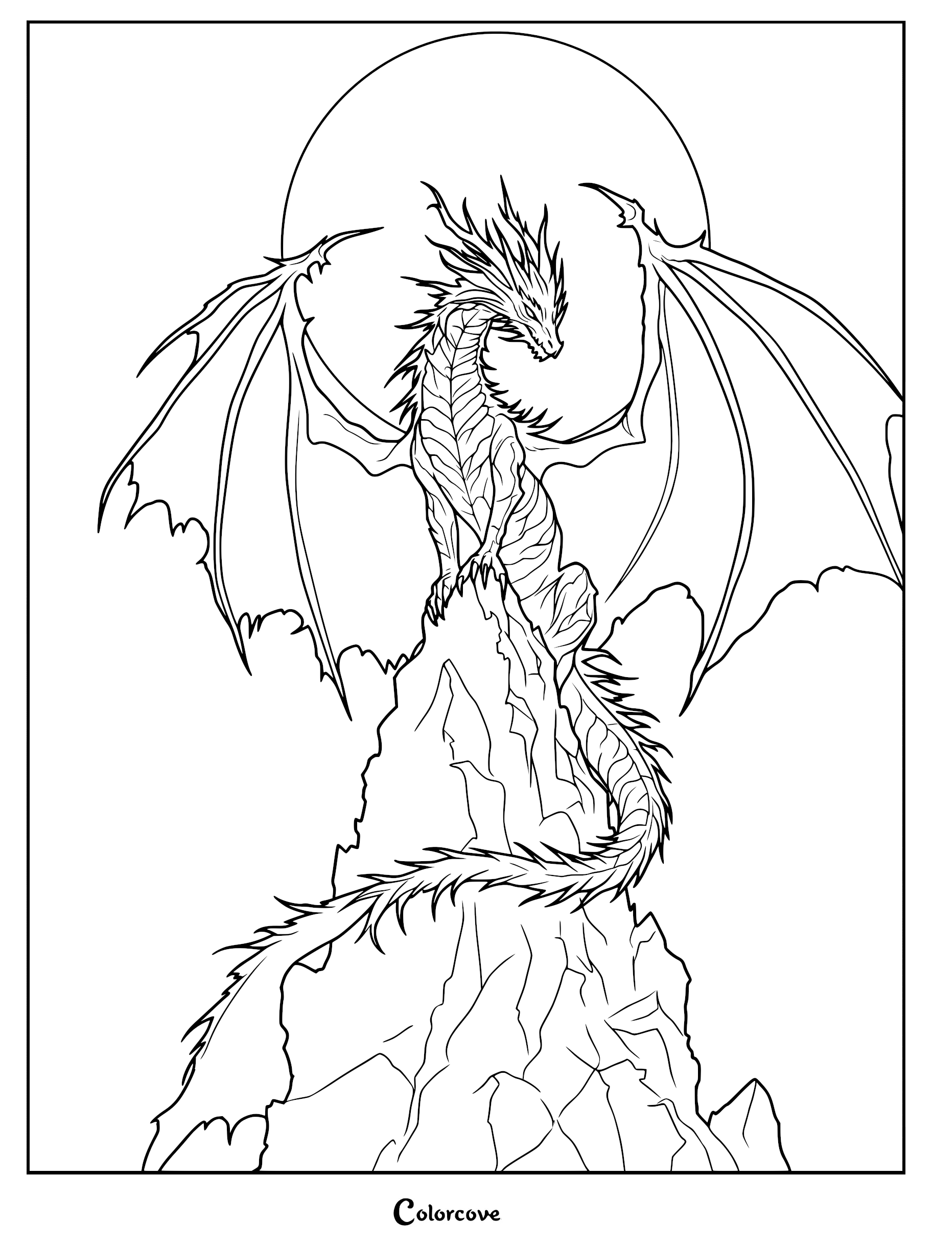 A detailed coloring page featuring a majestic dragon with large wings perched atop a jagged mountain peak against a full moon.