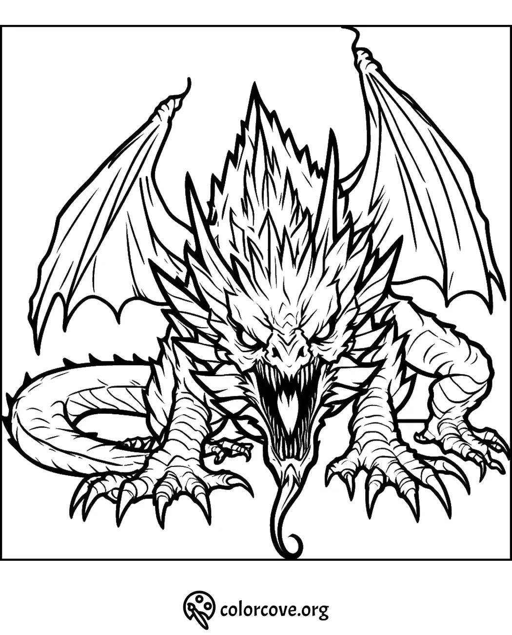 Fierce dragon coloring page with wings spread and mouth open, ready to be colored. Download and print at colorcove.org.