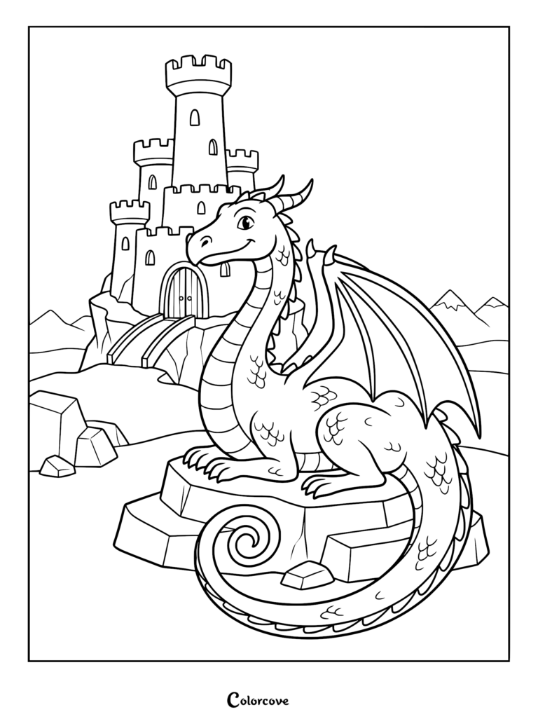 A friendly dragon sitting on a rock in front of a medieval castle, featured in a free printable coloring page.