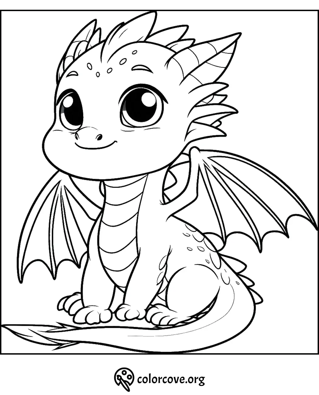 A cute baby dragon coloring page with big eyes, smiling face, and wings. Ideal for kids' coloring activities.