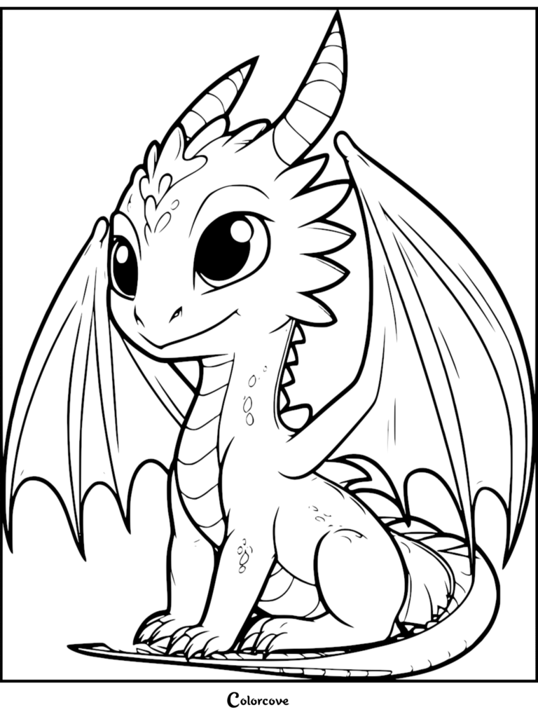 A cute baby dragon with large eyes and small wings sitting in a coloring page style line art illustration.