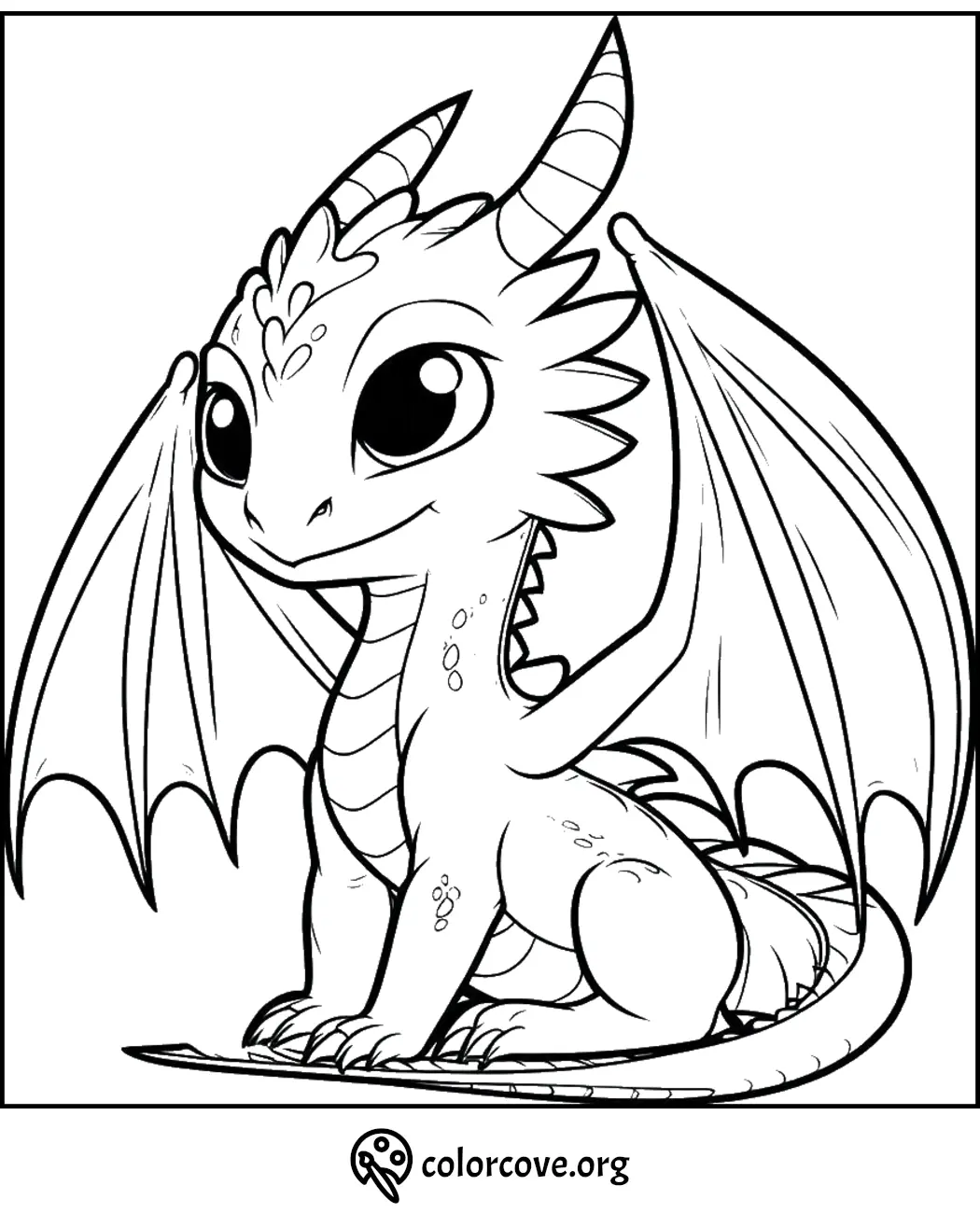 Adorable dragon coloring page for kids featuring a cute dragon with big eyes and wings ready to be colored.