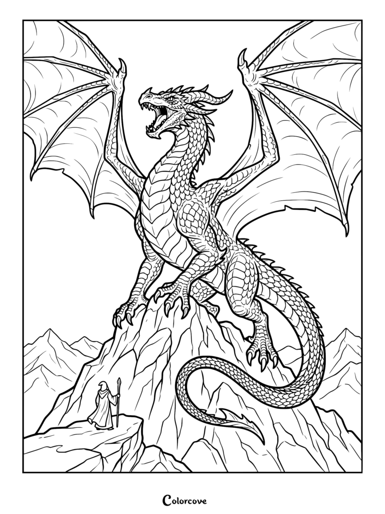 A majestic dragon perched on a mountain peak roaring at a wizard in this free printable coloring page.