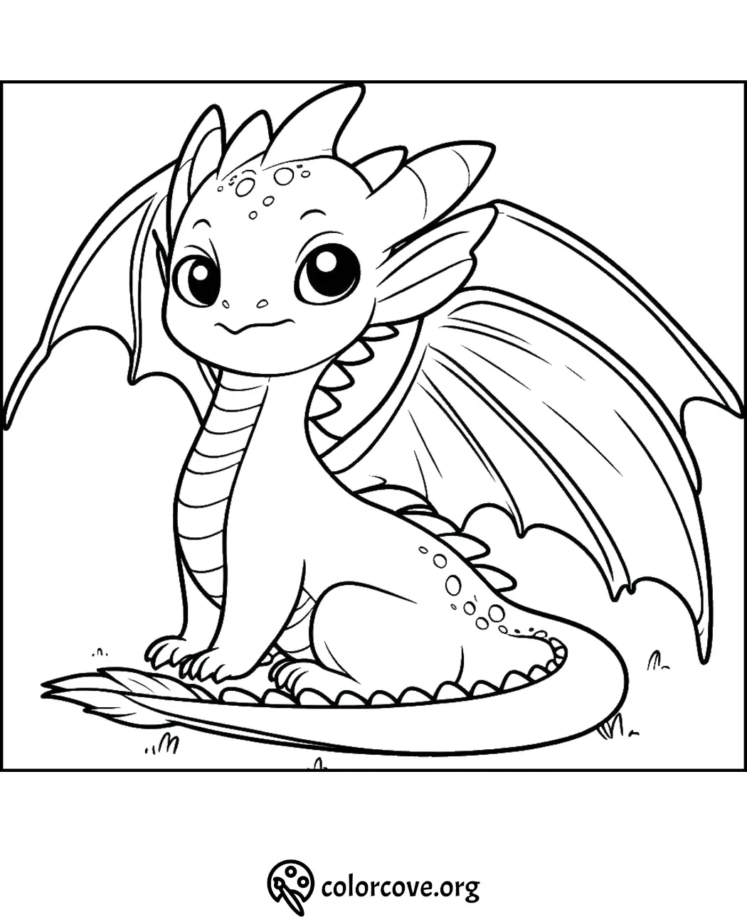 Adorable dragon coloring page for kids, featuring a cute dragon with big eyes and wings. Download and print for free at ColorCove.