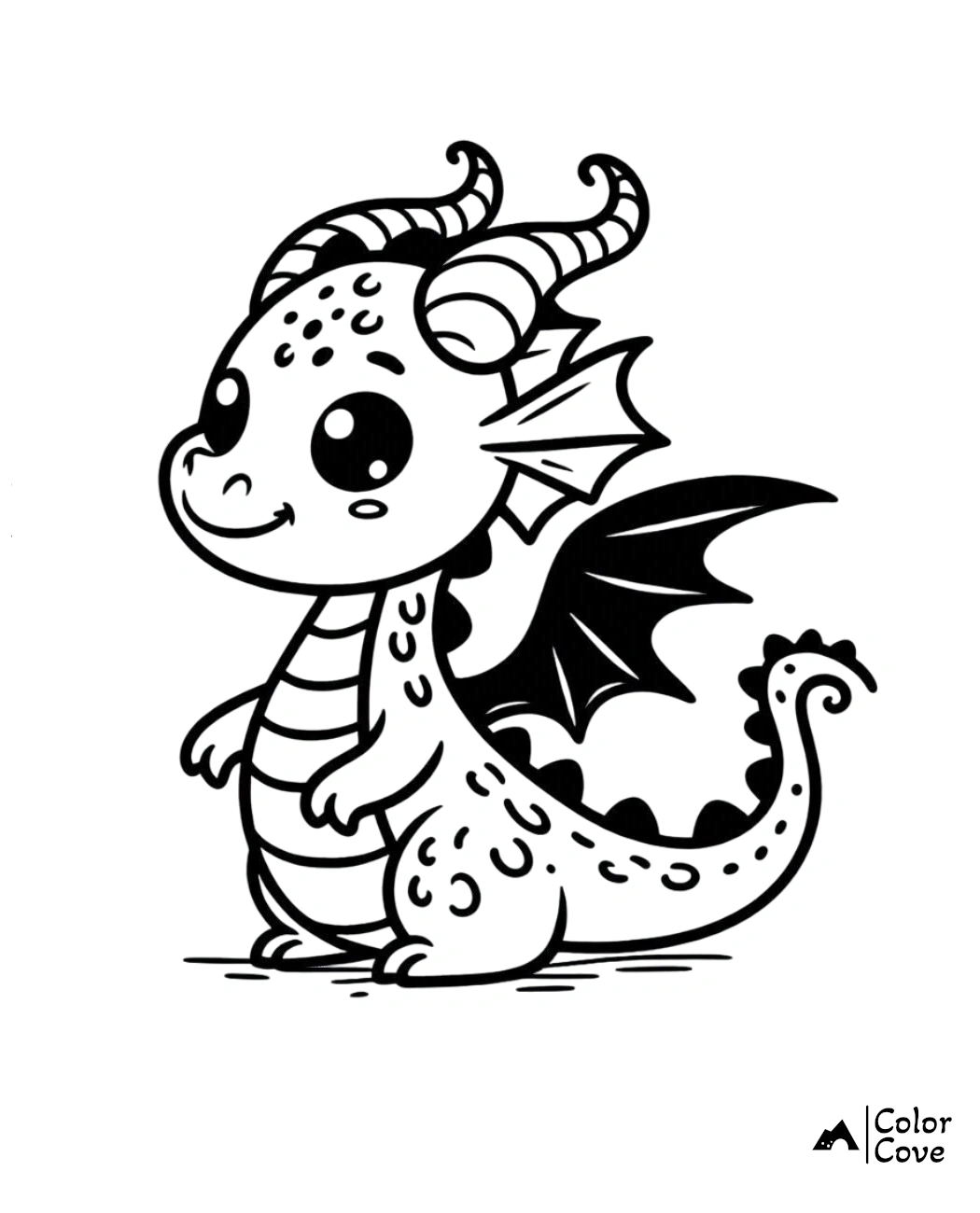 a black and white drawing of a cartoon dragon