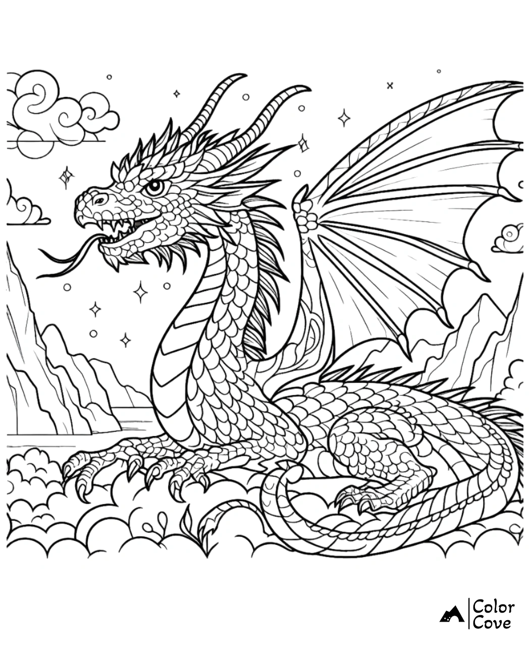 a black and white drawing of a dragon