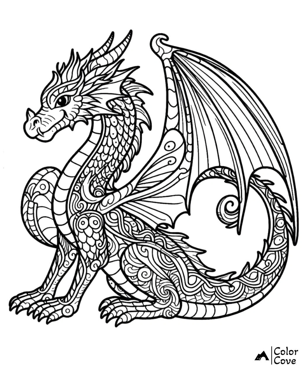 a black and white drawing of a dragon