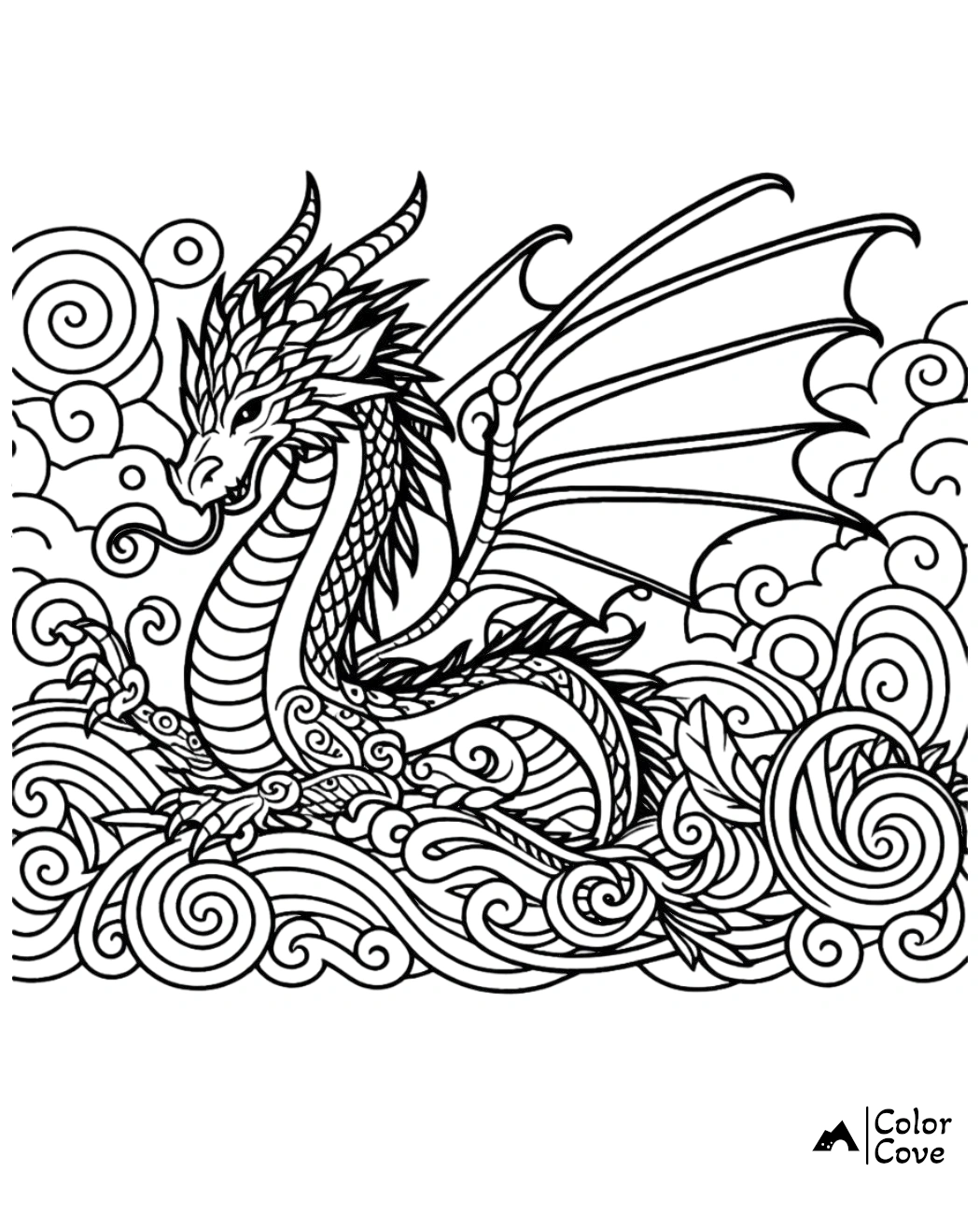 a black and white drawing of a dragon