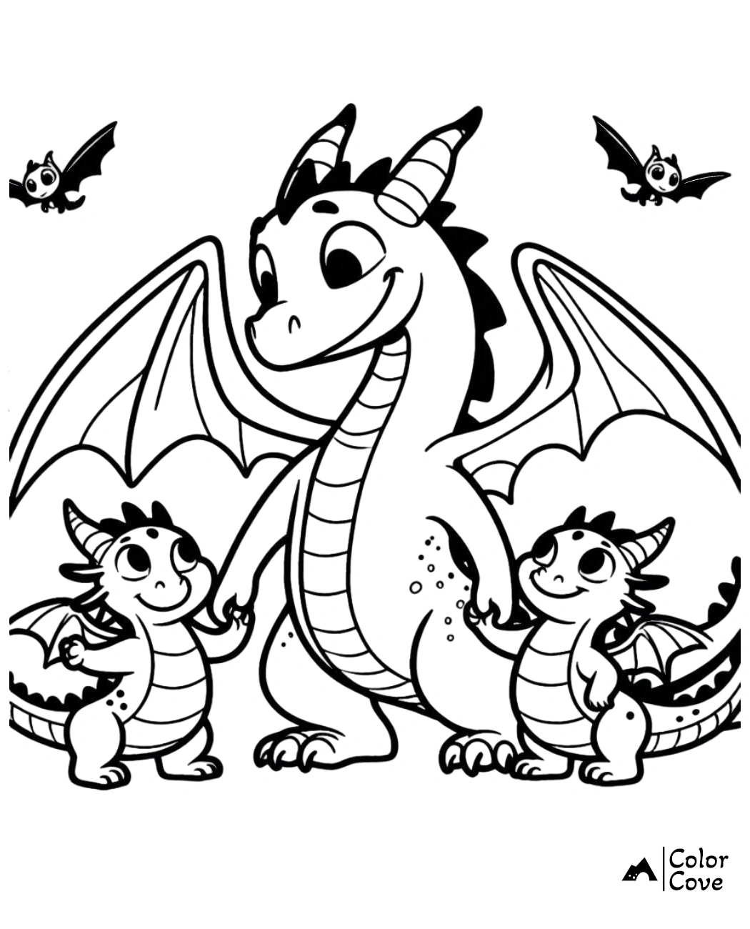 a cartoon of a dragon with two babies