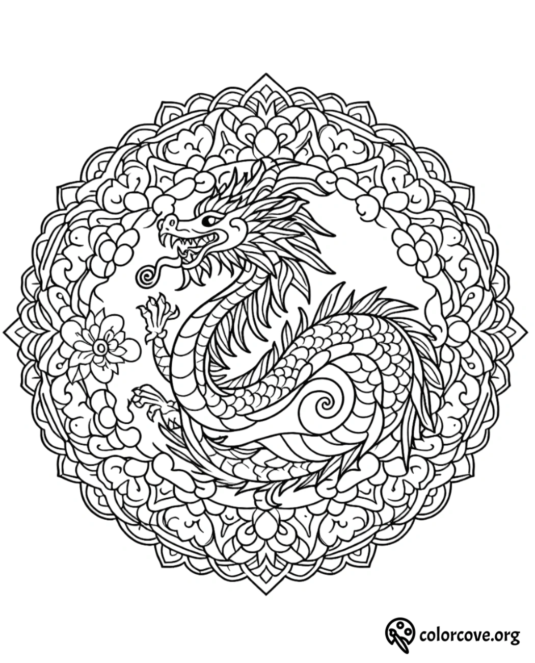 a black and white drawing of a dragon