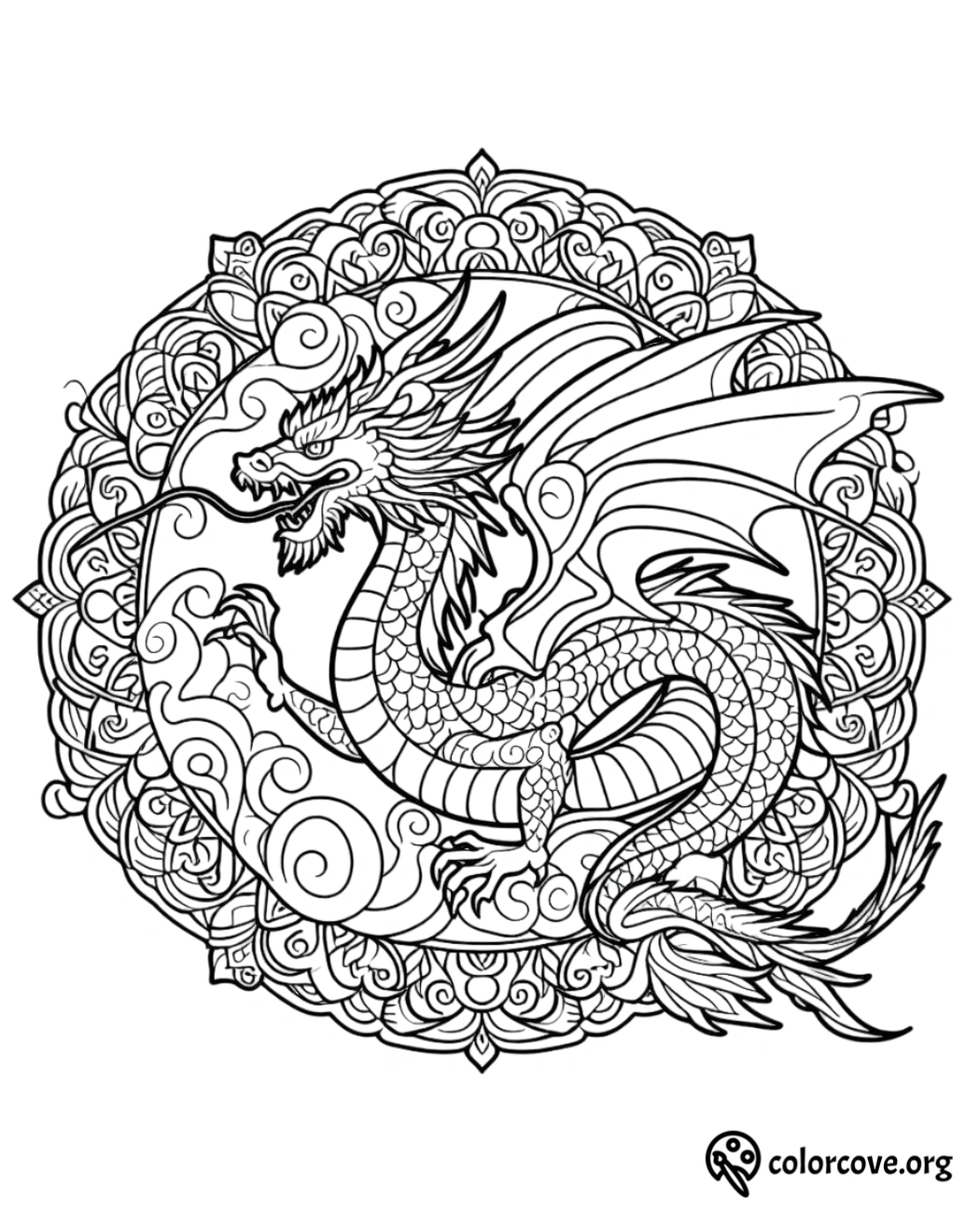 a black and white drawing of a dragon