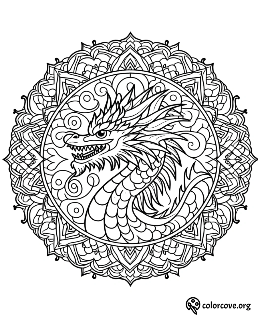 a black and white drawing of a dragon in a circular pattern