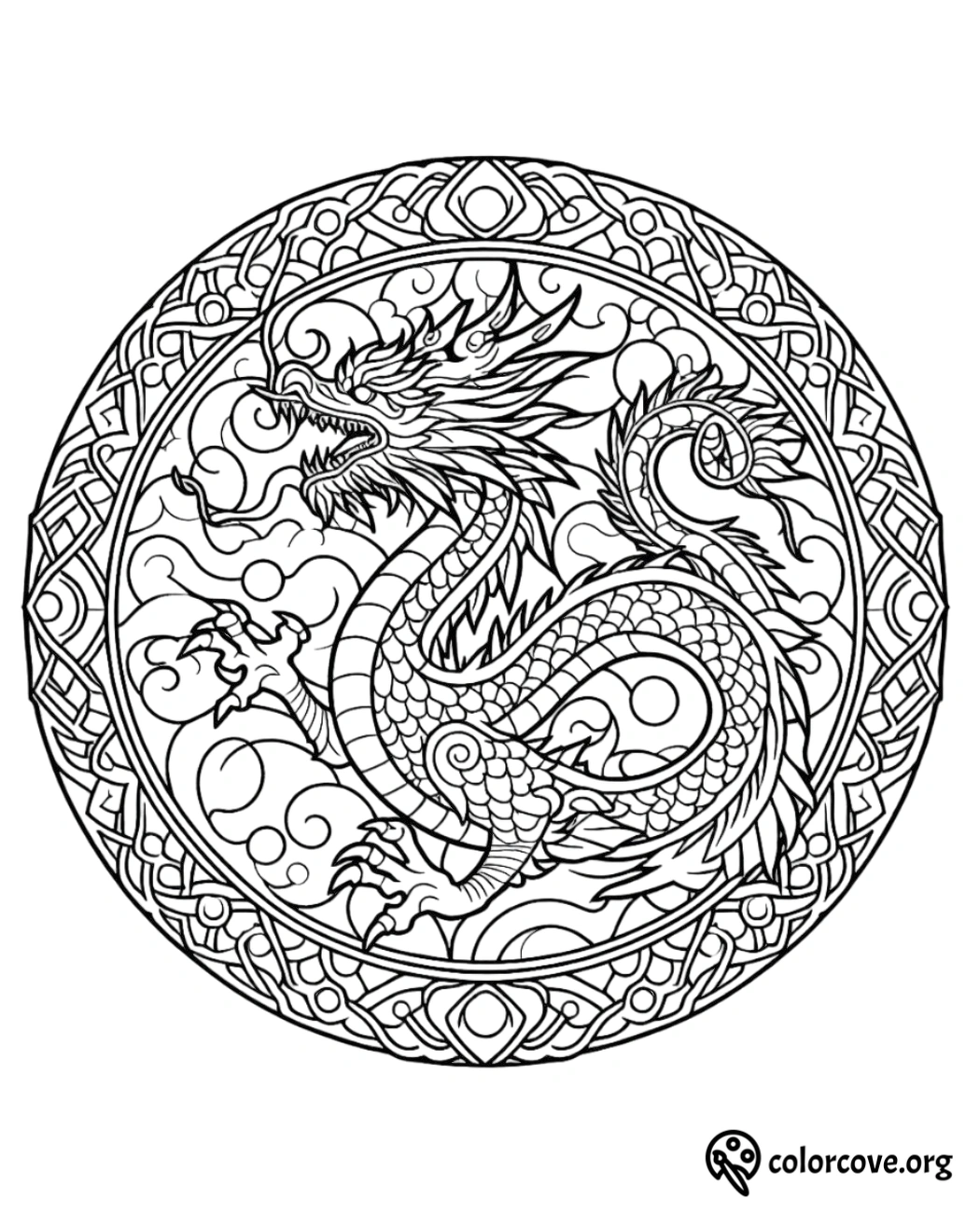 a black and white circular design with a dragon