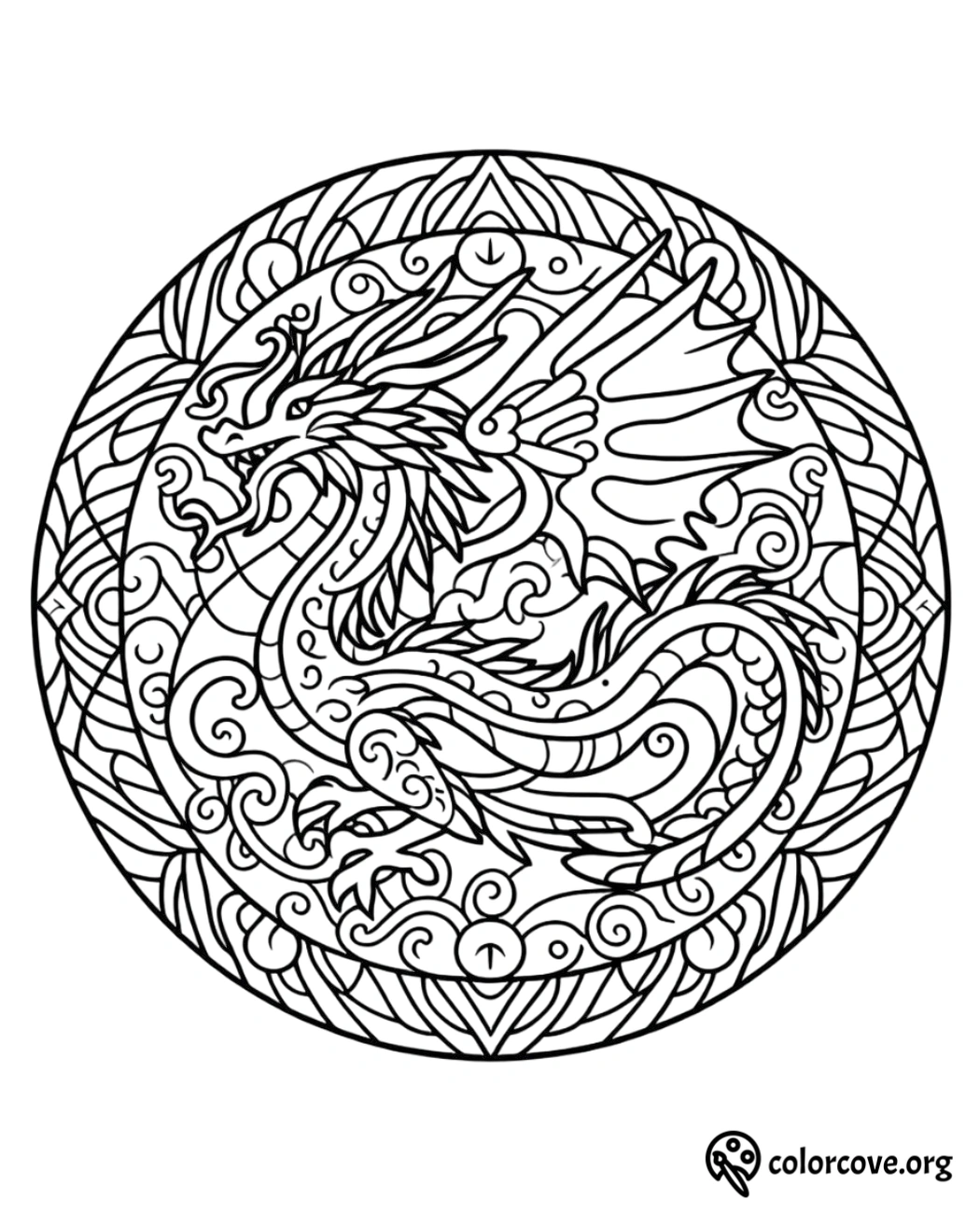 a black and white circular design with a dragon