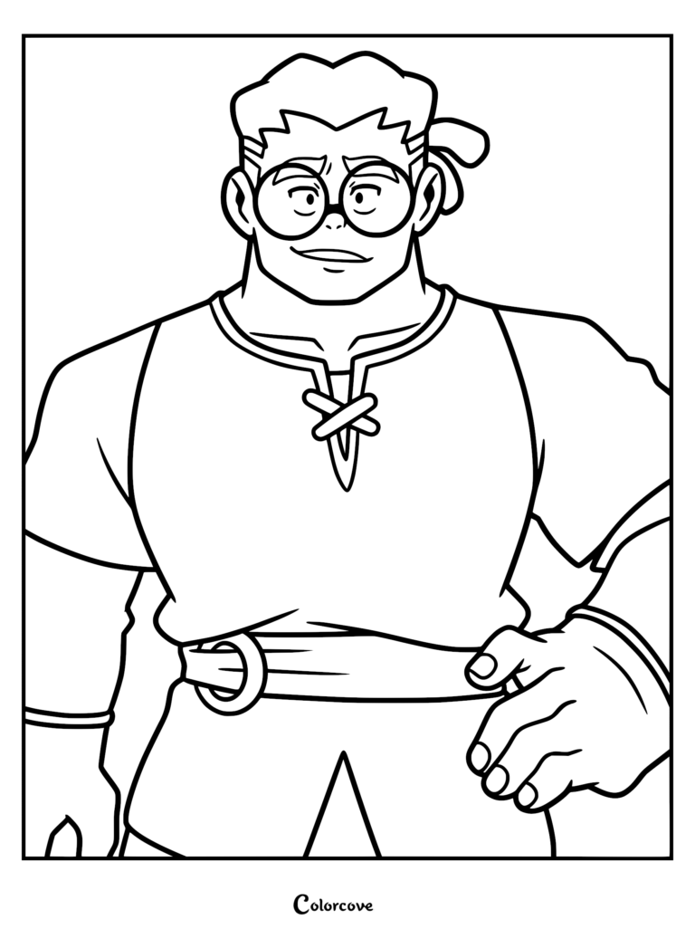 A printable coloring page featuring Milo Stonegarden, a character from Dragon Striker, wearing round glasses and a tunic with a lace-up neckline, shown from the waist up.