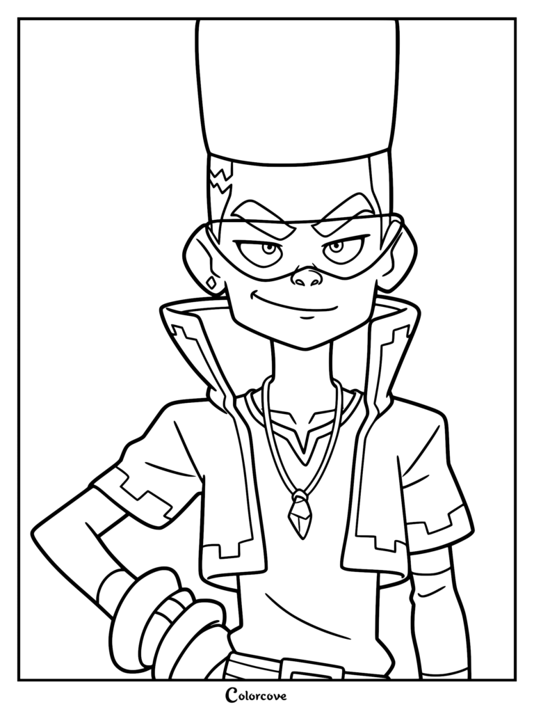 A line art coloring page of Odward Stonegarden from Dragon Striker, featuring his signature tall hair, orange-tinted shades, and gem necklace.
