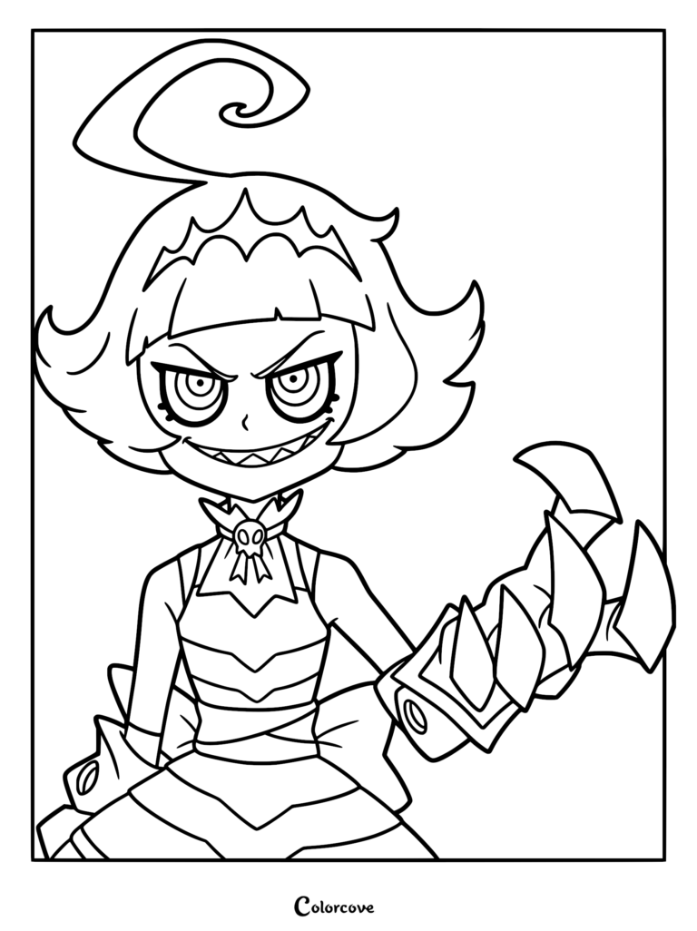 Printable coloring page of Pregrina Freaks from Dragon Striker, featuring her sharp-toothed grin, chaotic hair, and large clawed hand gauntlet.
