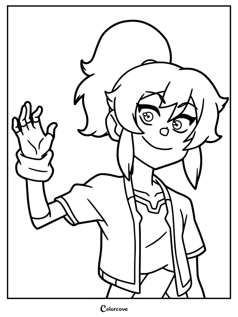 A printable coloring page of Ssyelle, the goalkeeper from Dragon Striker, with a high ponytail waving her hand.