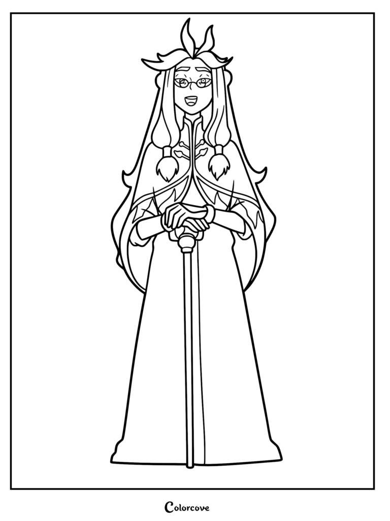 A printable coloring page featuring a kind female teacher from Dragon Striker with long flowing hair, glasses, and a long magical robe holding a staff.
